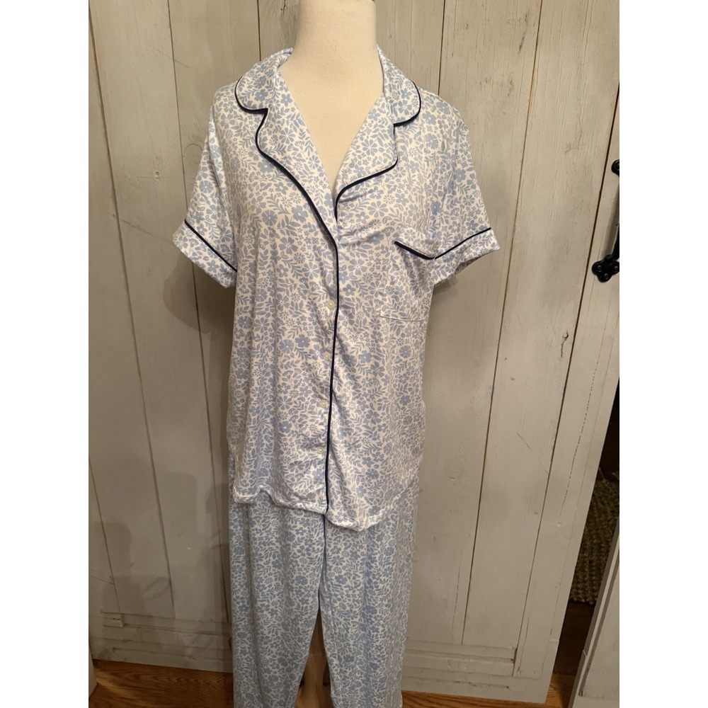 Kate Spade BLUE DITSY FLORAL Soft Knit Cropped Pajama Set L NAVY TRIM New